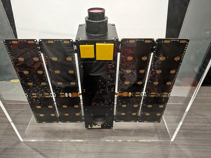 A replica of the Moonlighter satellite at DEF CON 31 in Las Vegas. The Moonlighter satellite was deployed to LEO, July 5, 2023 as part of the first on-orbit hacking competition.