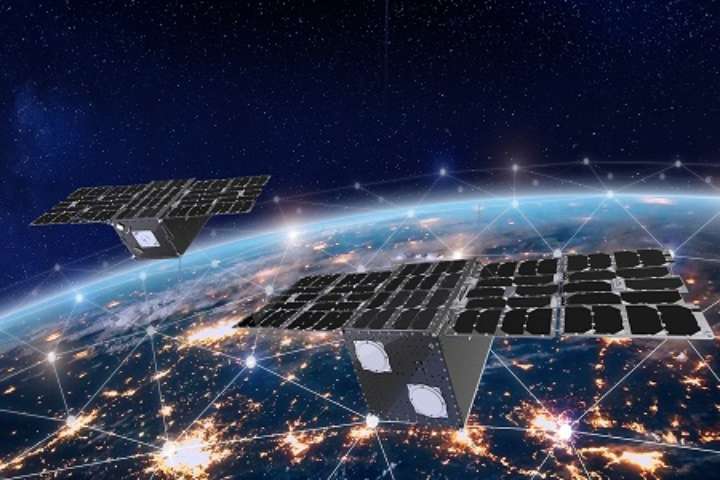 Satellites with solar panels orbiting an Earth network