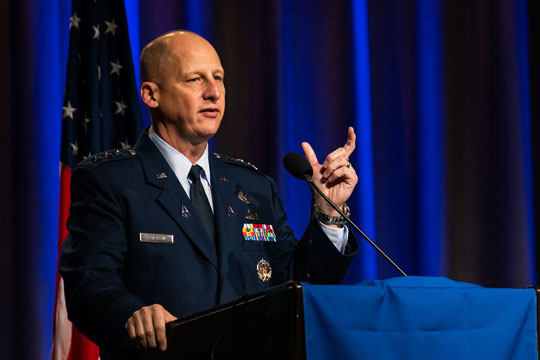 Space Systems Command Commander Lt. Gen. Michael Guetlein spoke at the AMOS conference in Maui, Hawaii, Sept. 28, 2022. File photo shows Guetlein at an  AFA forum in November 2021.