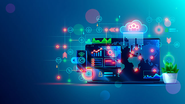 Illustration of data diagram flowing around the Earth in a laptop