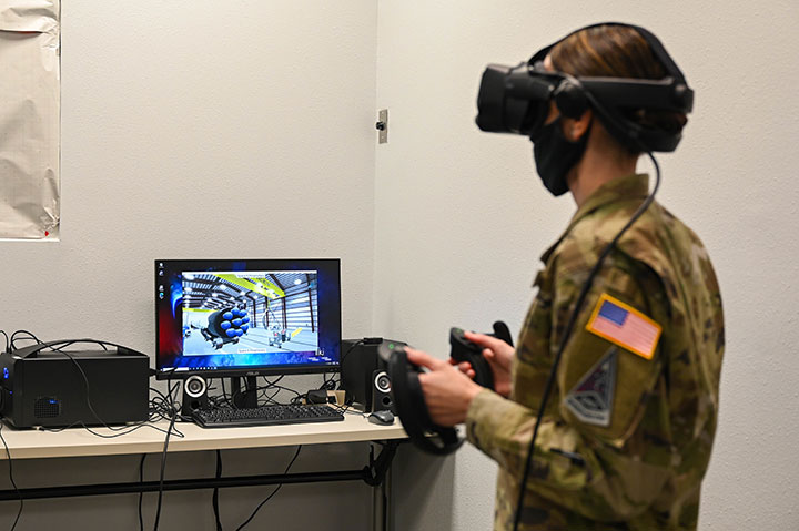 A Space Delta 2 senior enlisted leader experiences a virtual simulation at Cape Canaveral Space Force Station, Fla., April 20, 2021.
