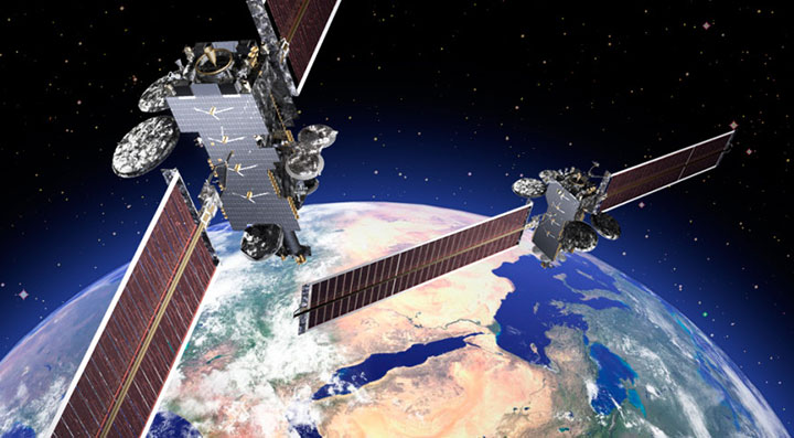 Saudi Arabia is expected to increase military space spending throughout the mid-decade. This artist's rendering shows the Arabsat 6a and Hellas-sat4 geostationary communications satellites.