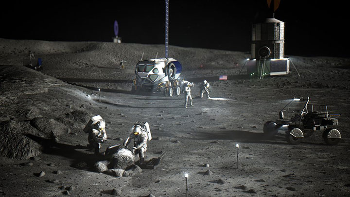 An artist's concept of NASA astronauts working on the lunar South Pole.