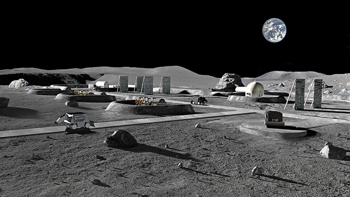 An artist's rendition of physical infrastructure on the moon to support a sustained presence.