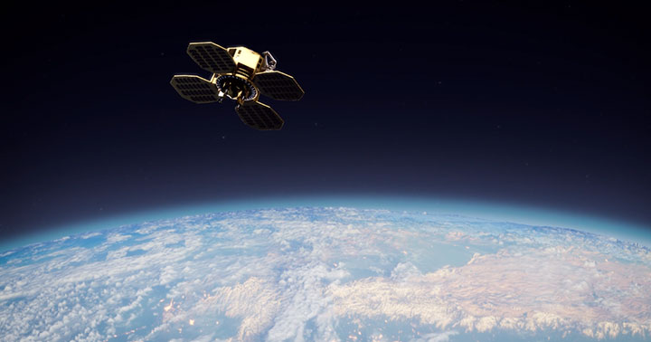 This image shows a Scout Space satellite, outfitted with sensors and AI capabilities for on-orbit space situational awareness. The company was founded in 2019 with the goal to “see anything in space, from space.”