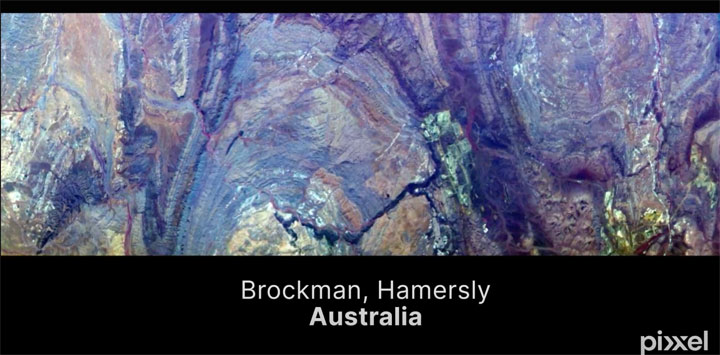 A hyperspectral satellite image showing the Brockman mine sites in the Hamersley Range in Western Australia.