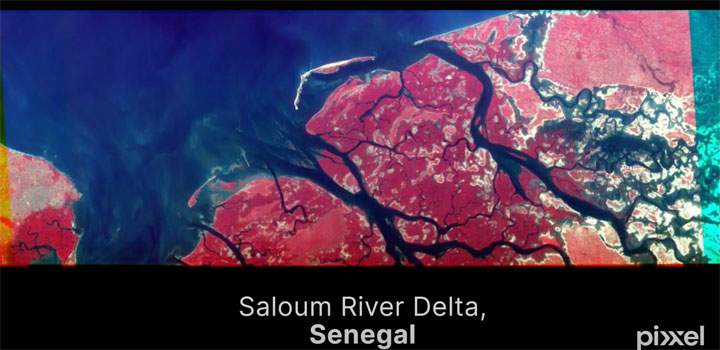 The image shows a hyperspectral image of the Saloum River Delta in Senegal captured by a Pixxel satellite.