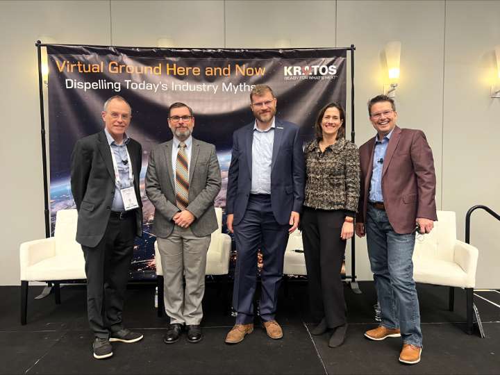 From left to right, WTA Executive Director Robert Bell, BlueHalo Director of Technical Program Management Jonathan Luminati, ALL.SPACE Chief Scientist and Co-founder Jeremy Turpin, Intelsat SVP of Systems Innovation Carmel Ortiz and Kratos SVP of Product Management Greg Quiggle.