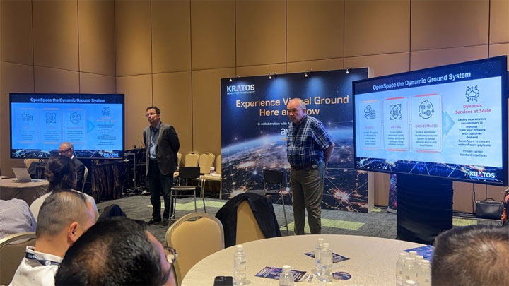 (Left to right) Thomas Muller of Kratos, Greg Quiggle of Kratos and Bill Carlin of AWS demonstrated virtual satellite ground capabilities over cloud in Singapore on June 8, 2023.