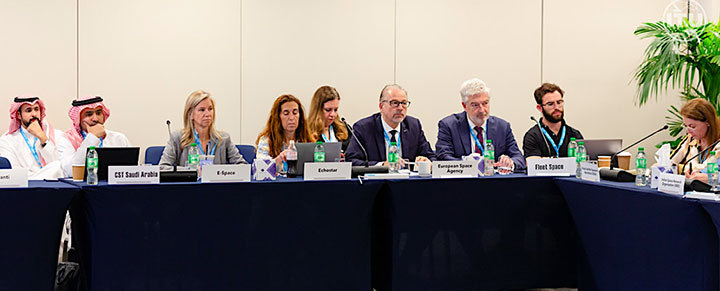The ITU's Dec. 3 roundtable on space connectivity and sustainability featured a large number of commercial satellite fleet operators. But European Space Agency Director-General Josef Aschbacher was also there, seated between EchoStar and Fleet Space. (Source: ITU)