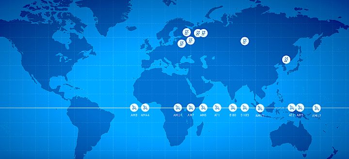 The challenge for Russia's satellite operators, including Russian Satellite Communications Co. (RSCC), whose fleet is shown here: How to maintain coverage and capacity when access to its traditional payload component suppliers has been shut down.