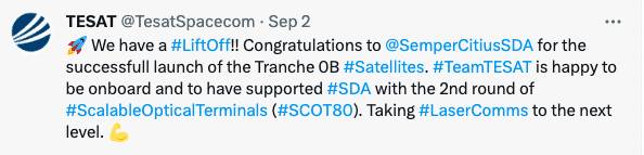 Tesat Spacecom tweeted its role in SDA's Tranche 0.