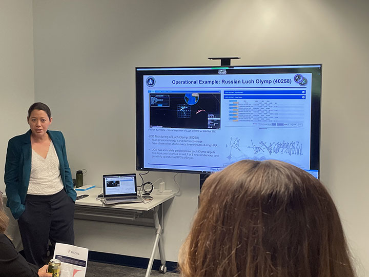 U.S. Space Force Strategic Advisor for Space Domain Awareness Barbara Golf leads a demonstration of commercial data capabilities at the opening of COMSO headquarters, June 6, 2023.
