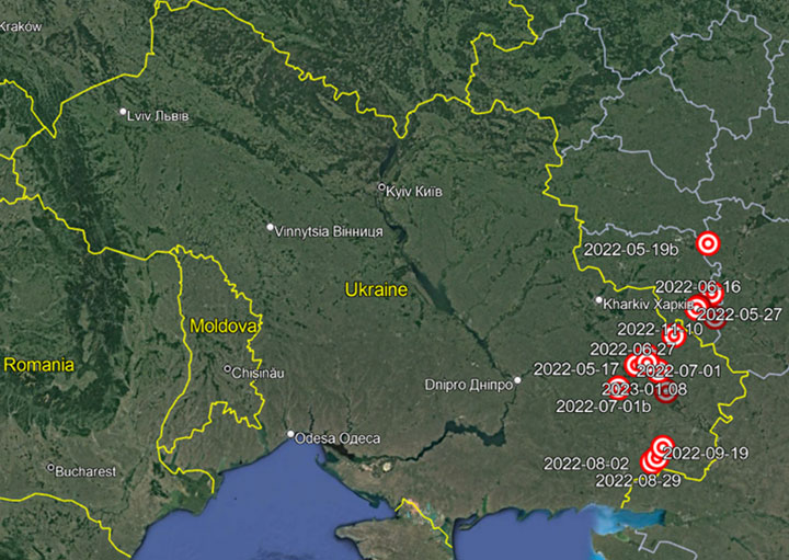 Figure 5: Location of Russian jamming signals, May 2022 - January 2023.