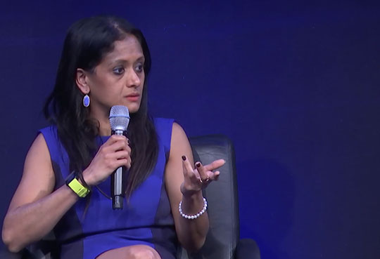 Image shows BCG's Sreelakshmi (Sita) Sonty speaking at the Satellite Innovation 2022 in Mountainview, Calif. In an interview with Constellations, Sonty discussed trends driving the commercial space sector.