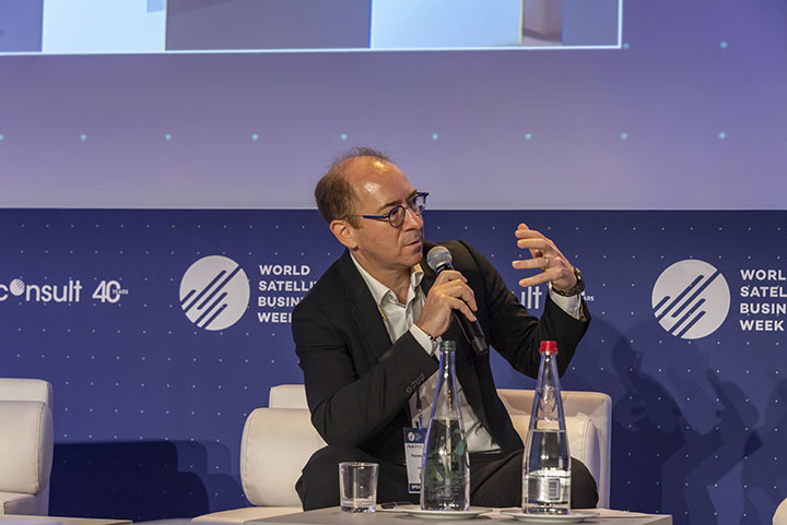 Euroconsult CEO Pacôme Révillon addresses an international satellite industry conference in 2023.