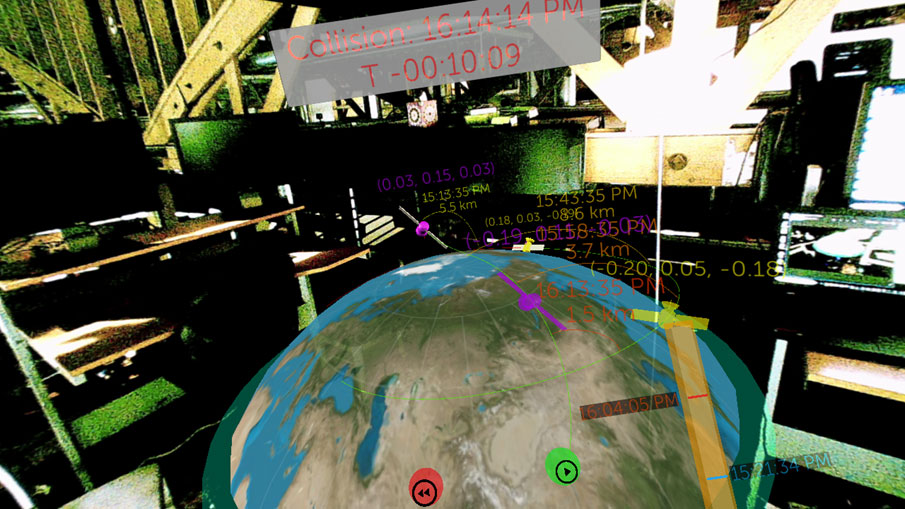A demonstration of the augmented reality demonstration for HIRT showing orbital parameters and a data billboard with a collision countdown.